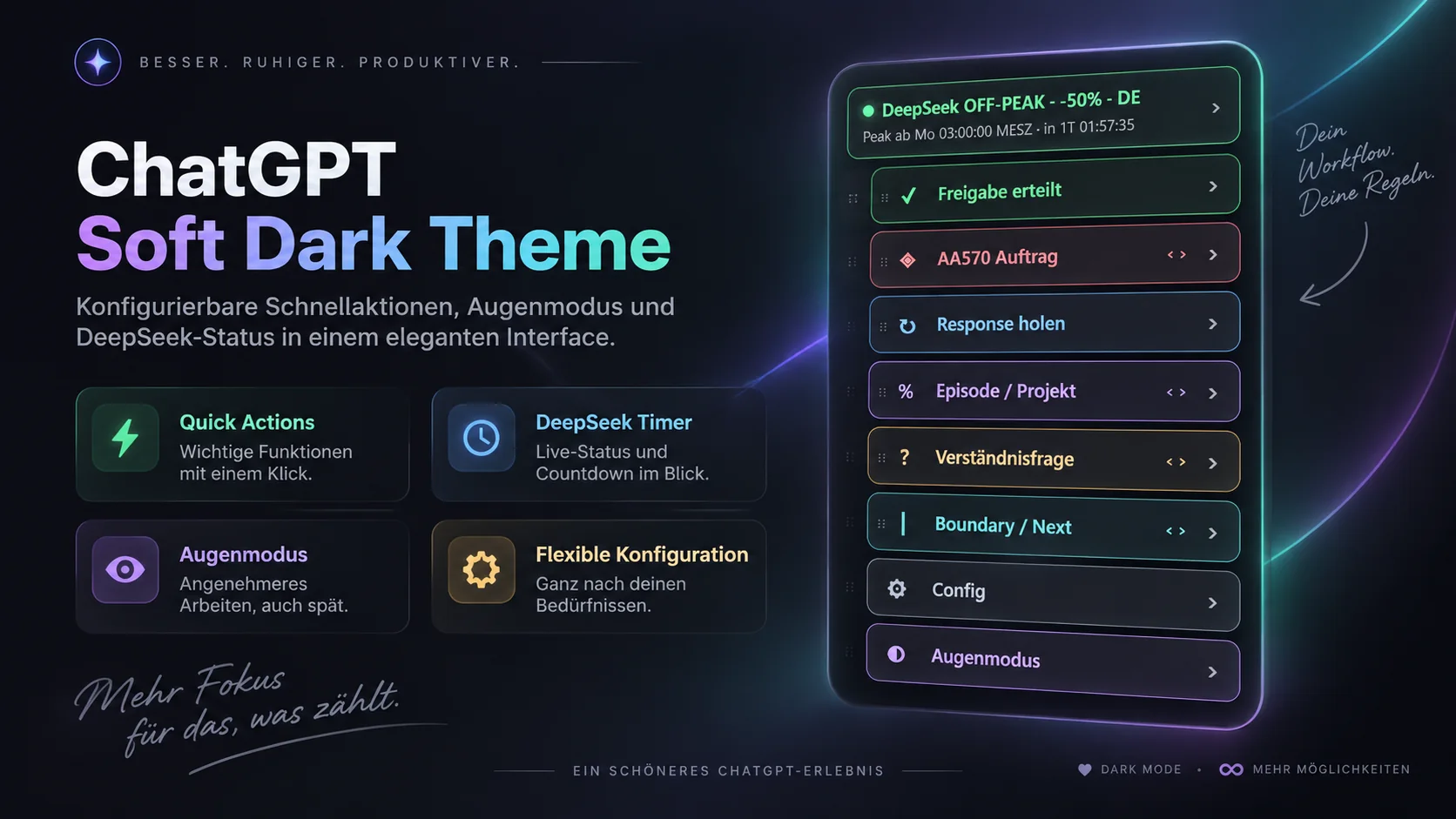 ChatGPT Soft Dark Theme v2.16.1 — Präsentation: dunkle ChatGPT-Oberfläche mit Quick-Action-Plates und Konfiguration